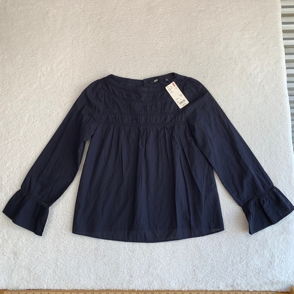 Uniqlo Soft Cotton Lace Blouse Top Womens Small Pintuck Pleated Navy Blue NWT!